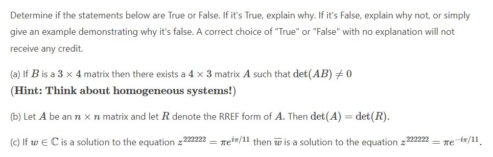 Determine if the statements below are True or