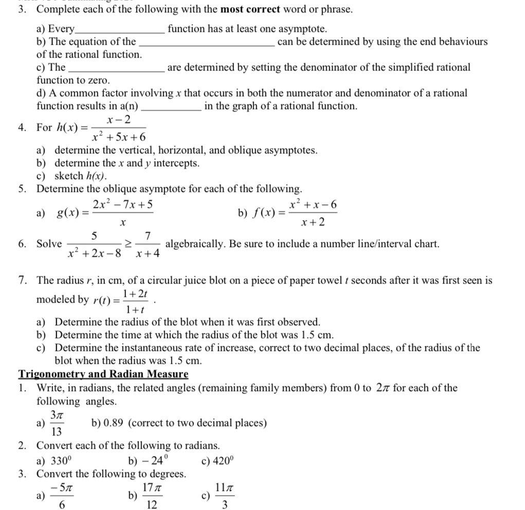 3. Complete each of the following with the most