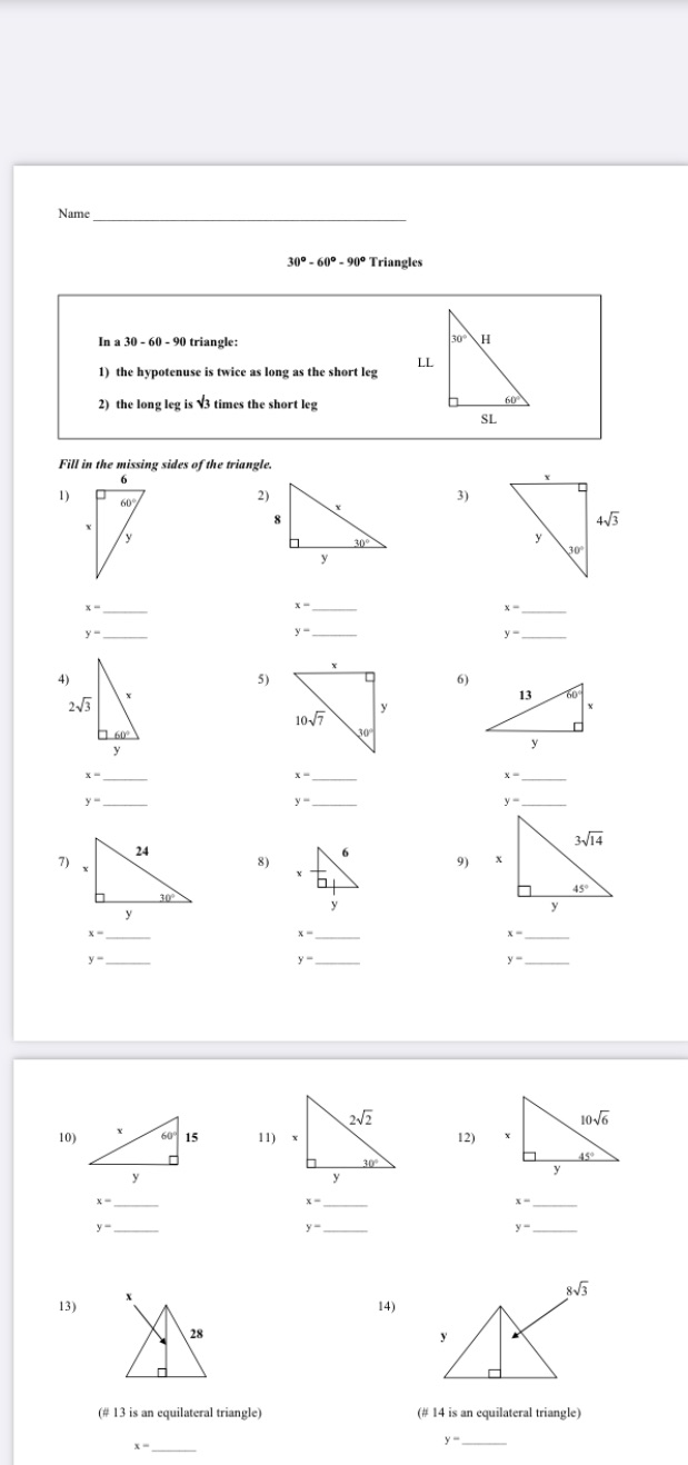Name 30 - 609 - 90% Triangles In a 30 - 60 - 90