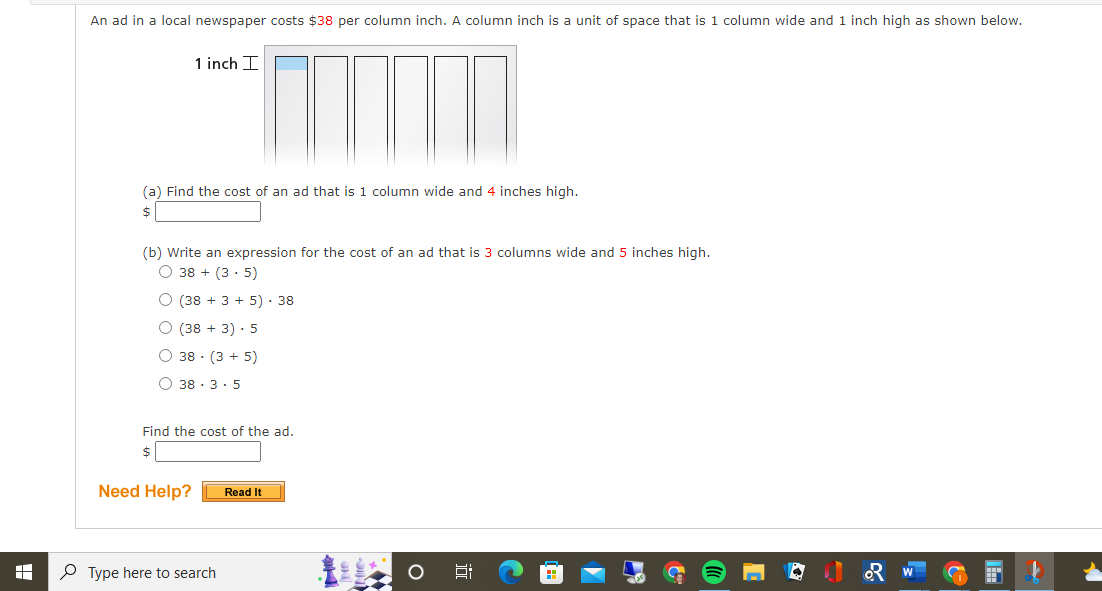 An ad in a local newspaper costs $38 per column
