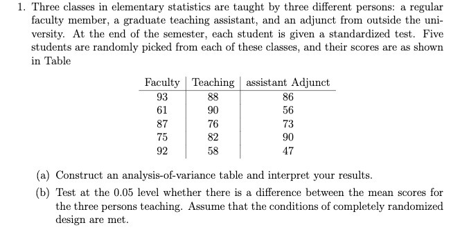 1. Three classes in elementary statistics are