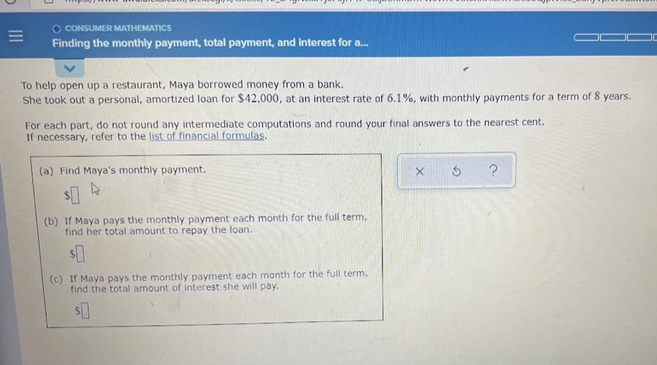 Help CONSUMER MATHEMATICS Finding the monthly