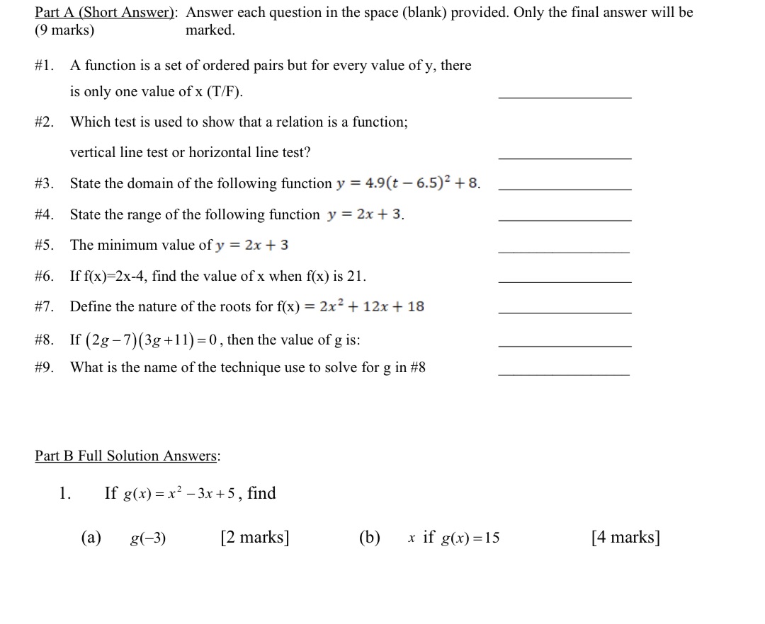 Part A (Short Answer): Answer each question in