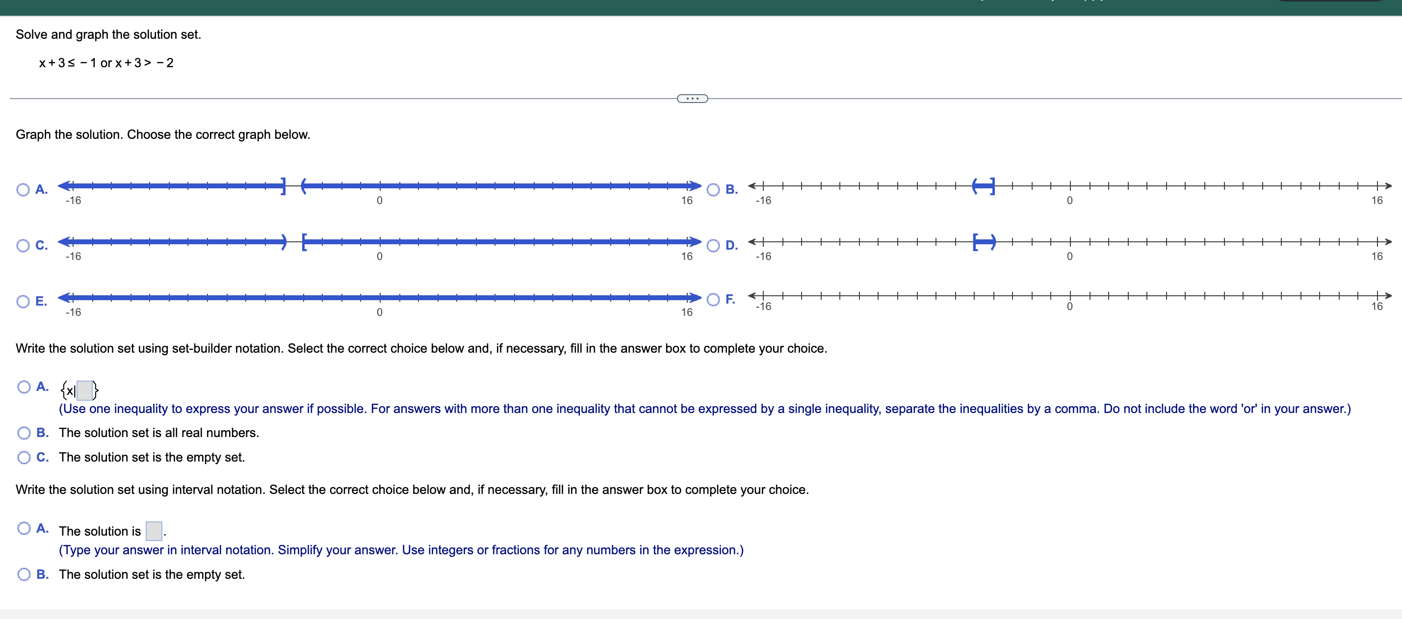 Solve and graph the solution set. x+3s -1 or x+3 style=