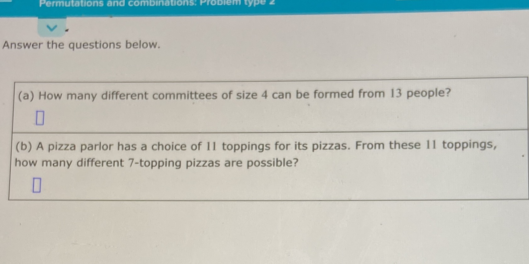 Permutations and combinations: Problem type &