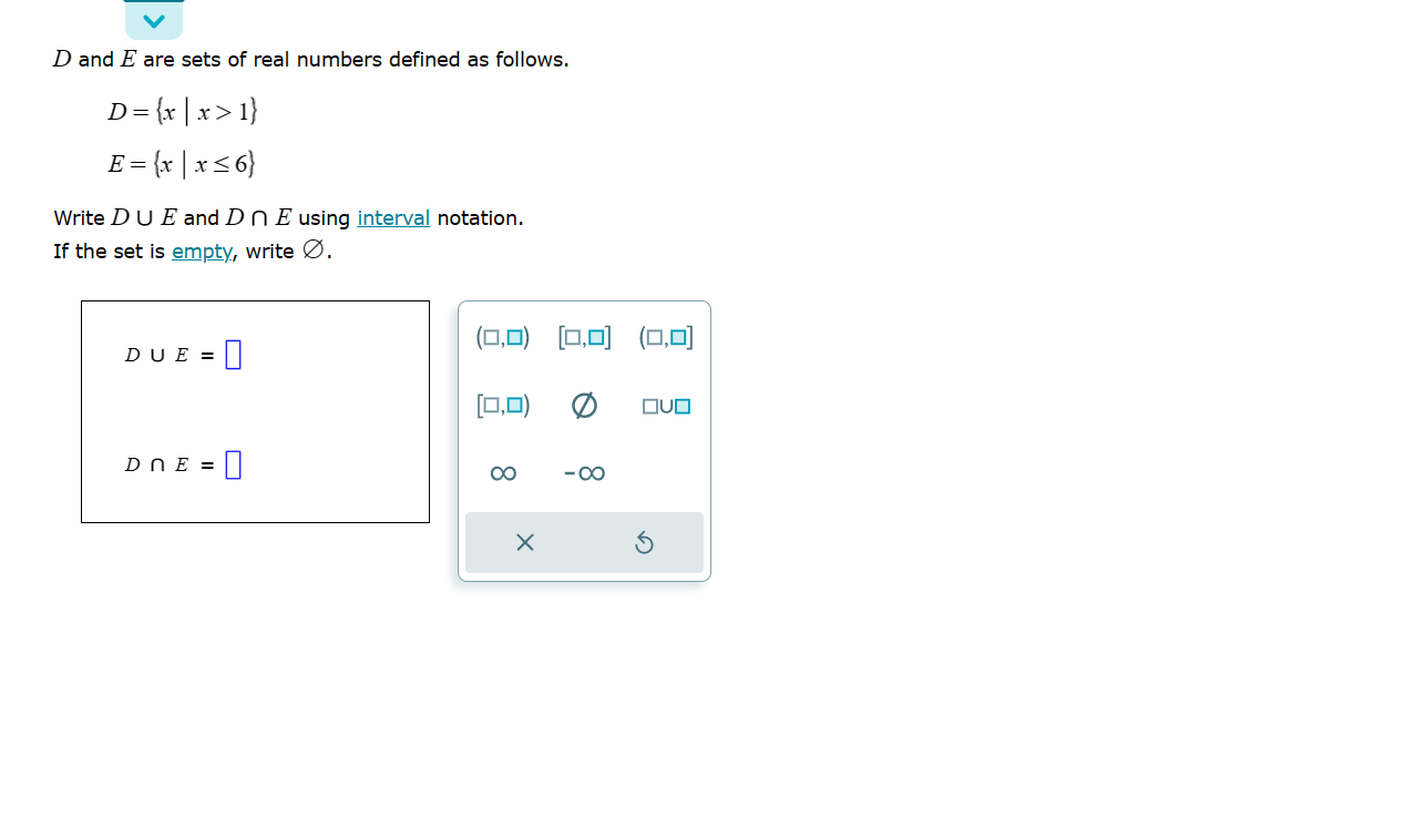 V D and E are sets of real numbers defined as
