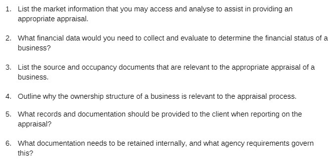 1. List the market information that you may