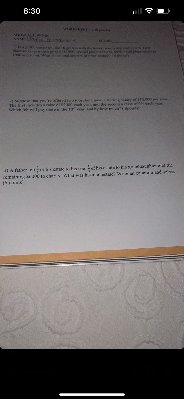 \f\f8:30 WORKSHEET 1 ( 20 point) SHOW ALL WORK