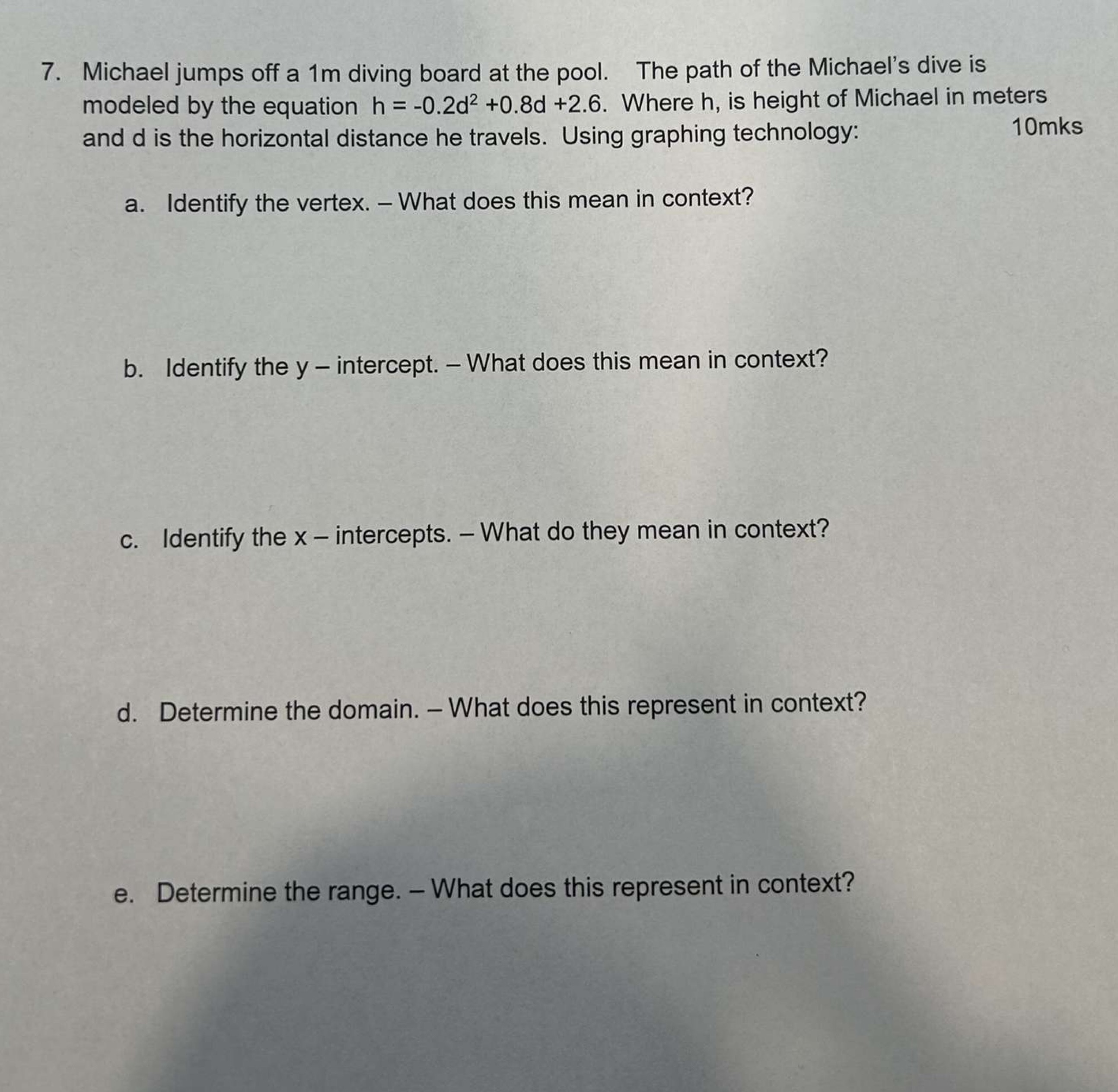 Word problem 7. Michael jumps off a 1m diving