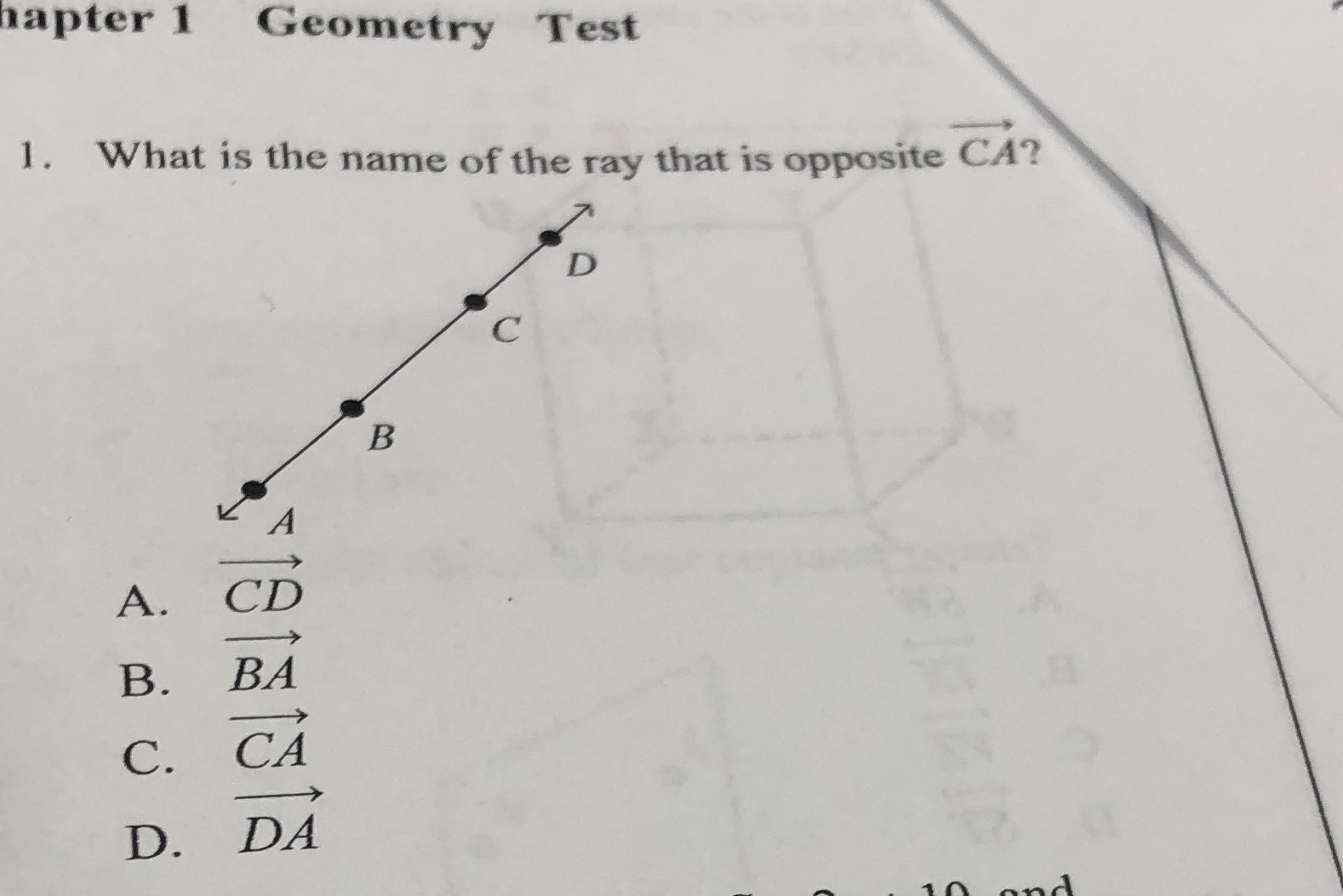 apter 1 Geometry Test 1. What is the name of the