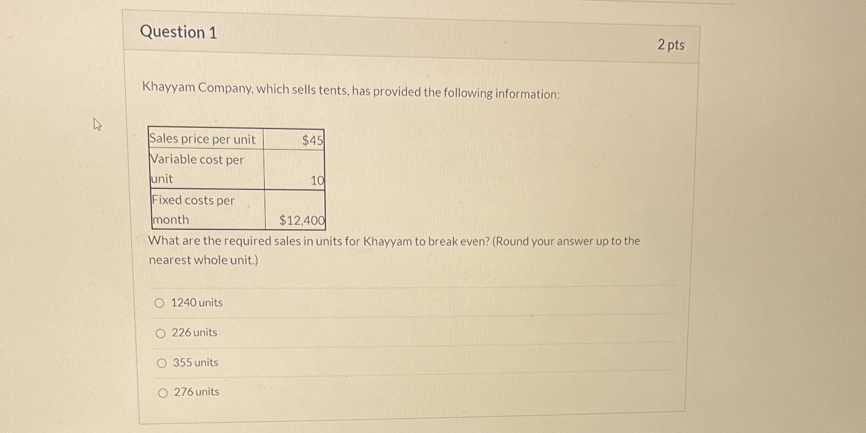 Question 1 2 pts Khayyam Company, which sells
