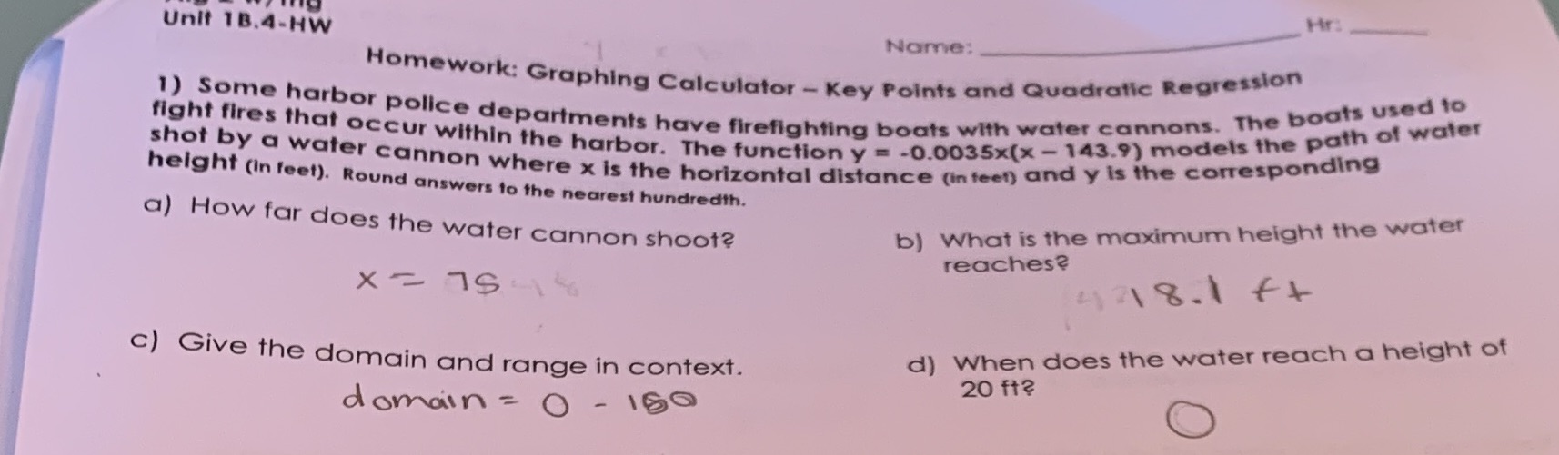 Hr: Unit 1B.4-HW Name: Homework: Graphing