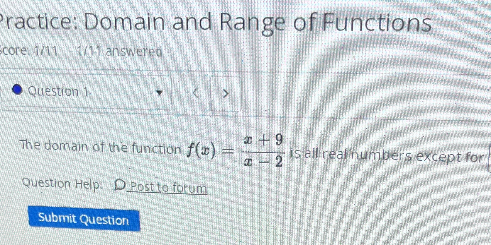 ractice: Domain and Range of Functions core: 1/11