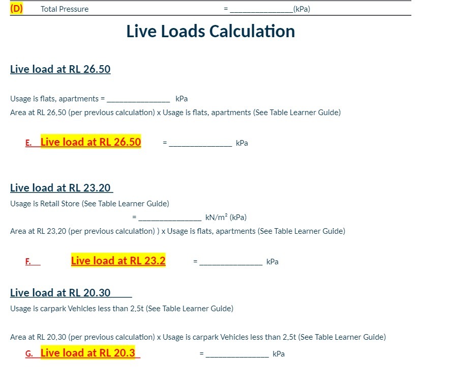 (D) Total Pressure (kPa) Live Loads Calculation