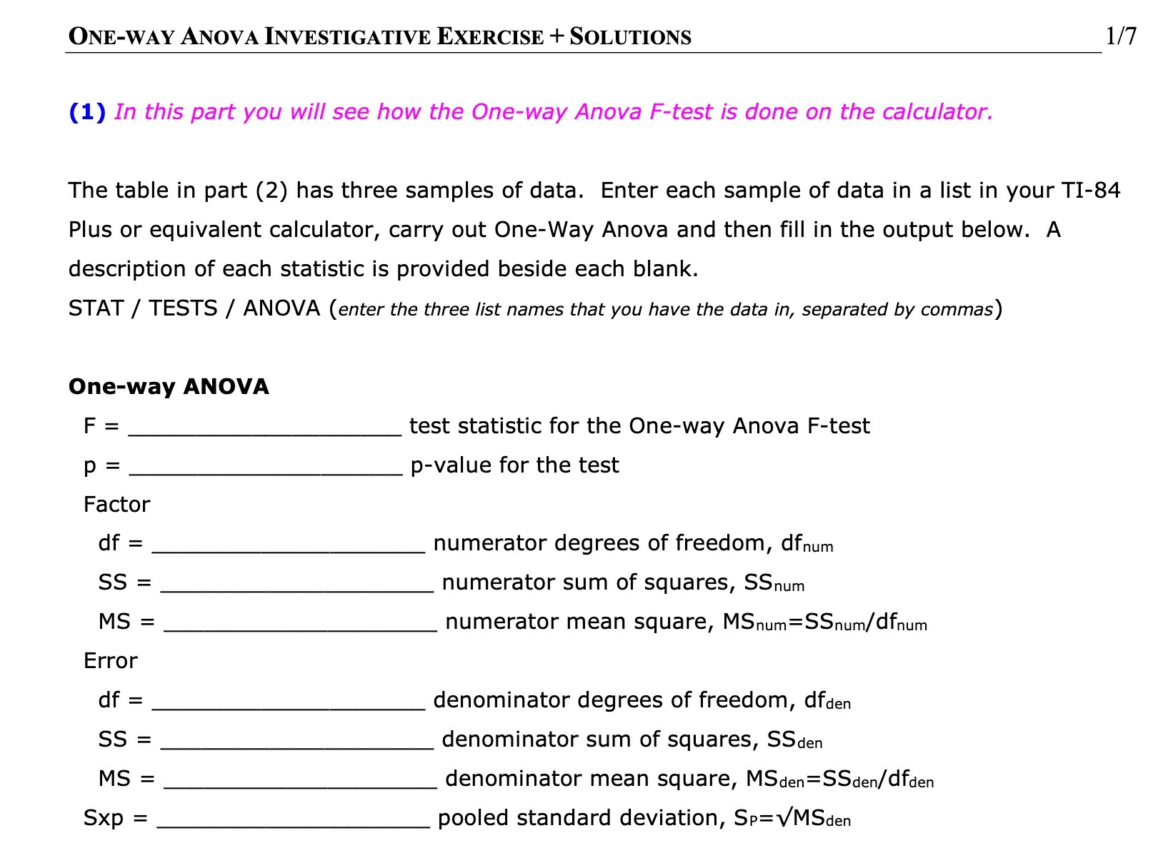ONE-WAY ANOVA INVESTIGATIVE EXERCISE + SOLUTIONS