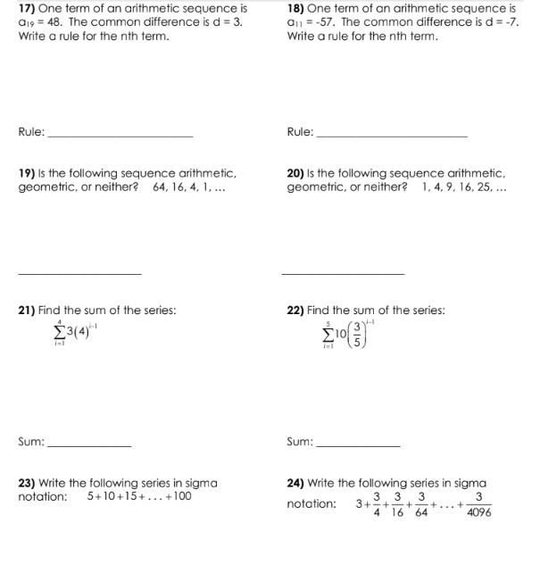 1) Find the sum of the following series: 2) Find