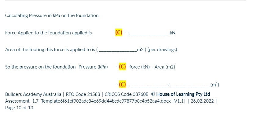 Calculating Pressure in kPa on the foundation
