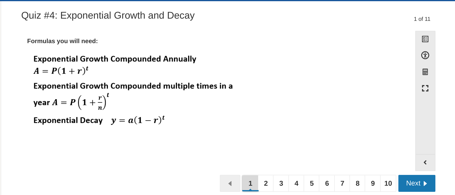 Quiz #4: Exponential Growth and Decay 1 of 11