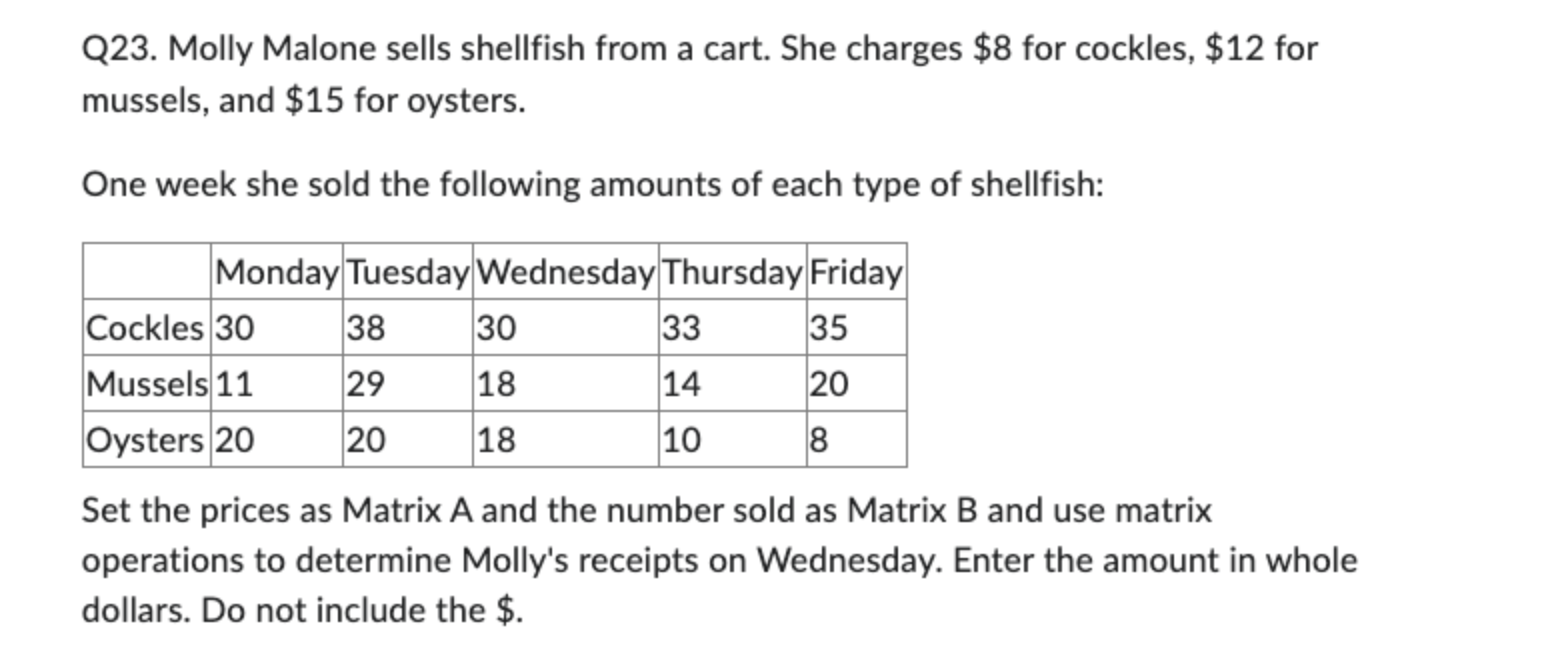 Q23. Molly Malone sells shellfish from a cart.