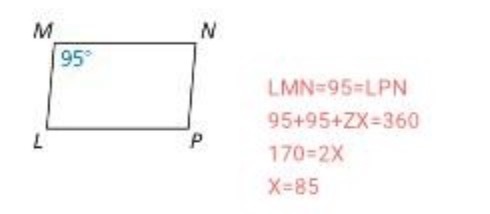 M N 95 LMN=95=LPN 95+95+ZX=360 P 170=2X X=85