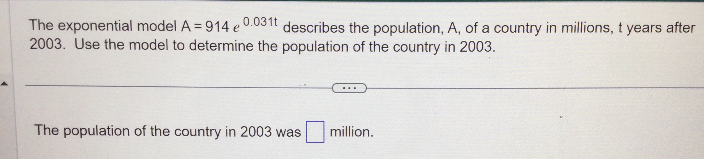 The exponential model A = 914 e 0.031 describes
