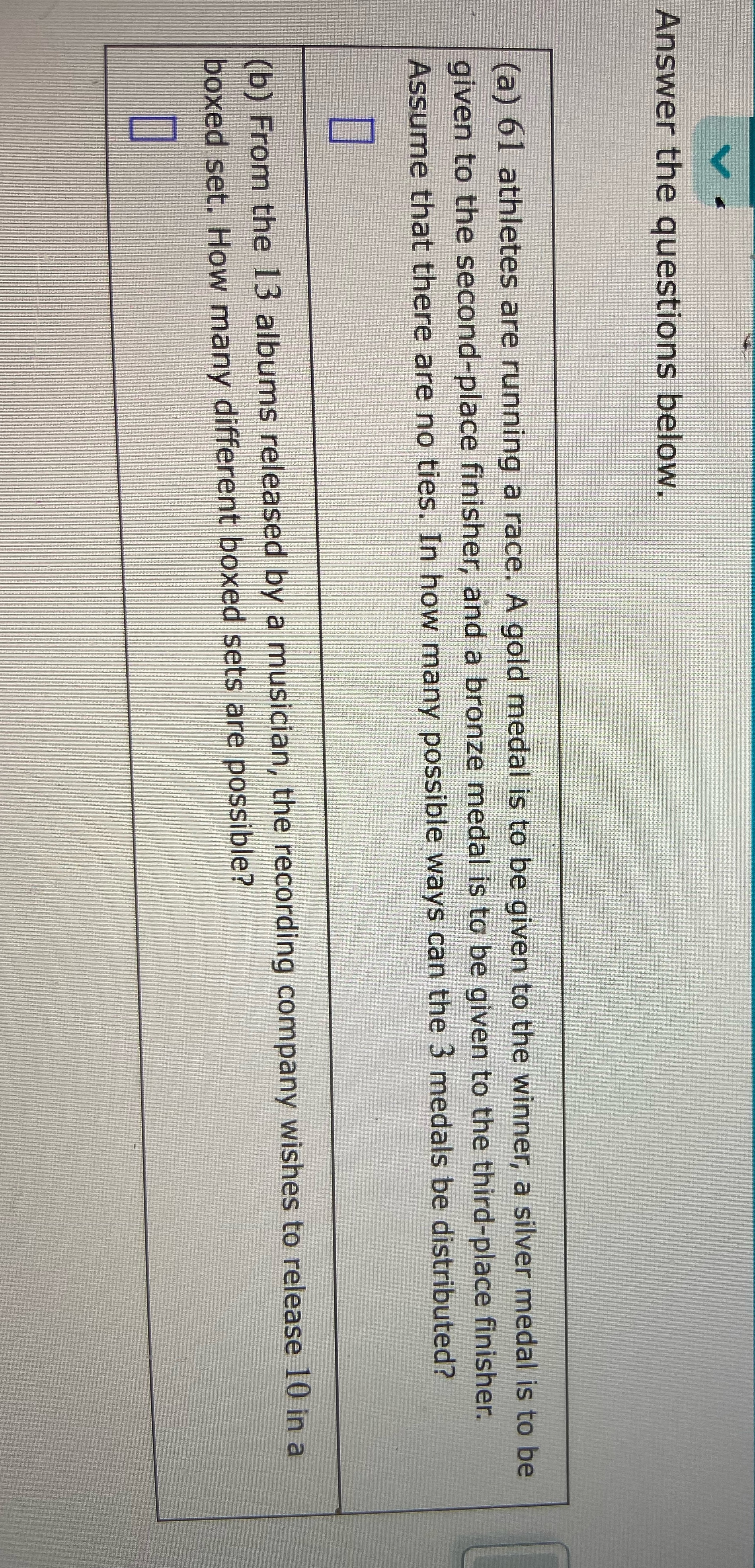 Answer the questions below. (a) 61 athletes are