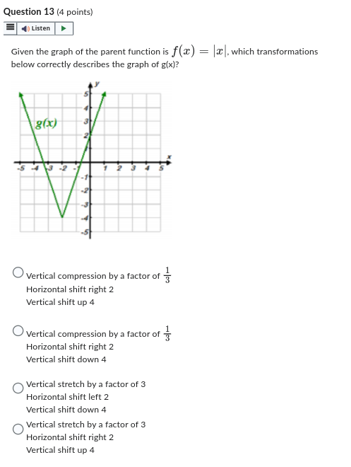 Question 11 (4 points) Listen The graph is a
