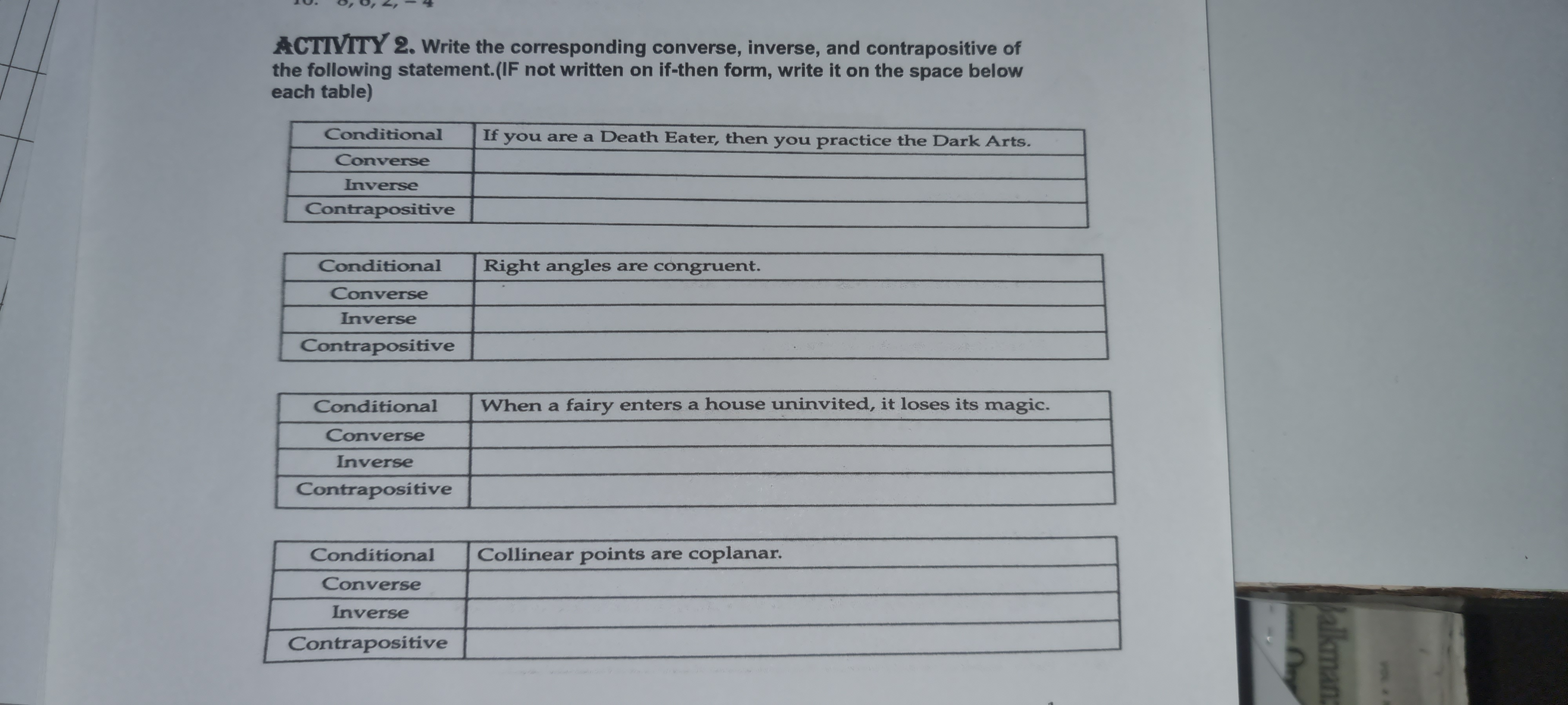 Write the corresponding converse, inverse, and of