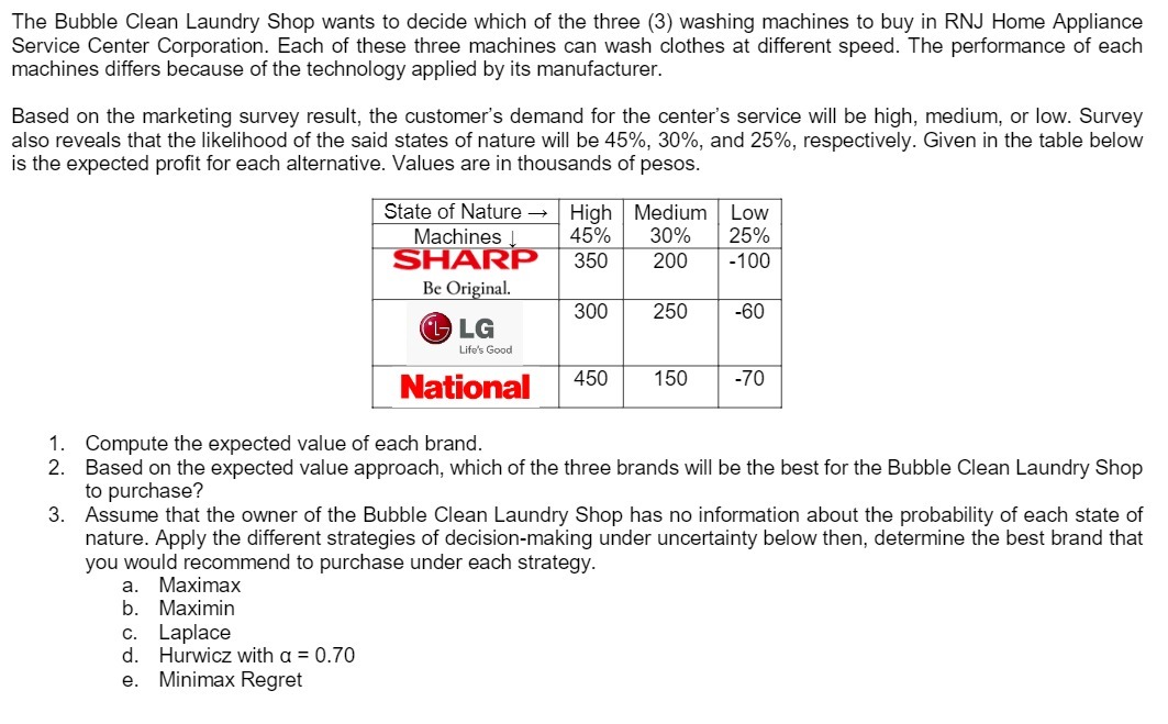 The Bubble Clean Laundry Shop wants to decide