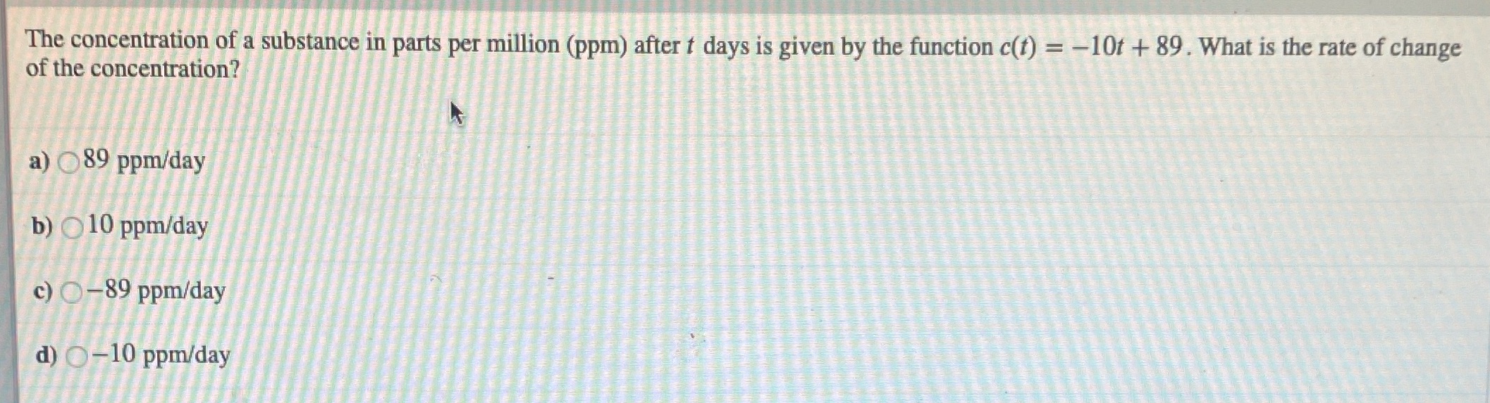 The concentration of a substance in parts per