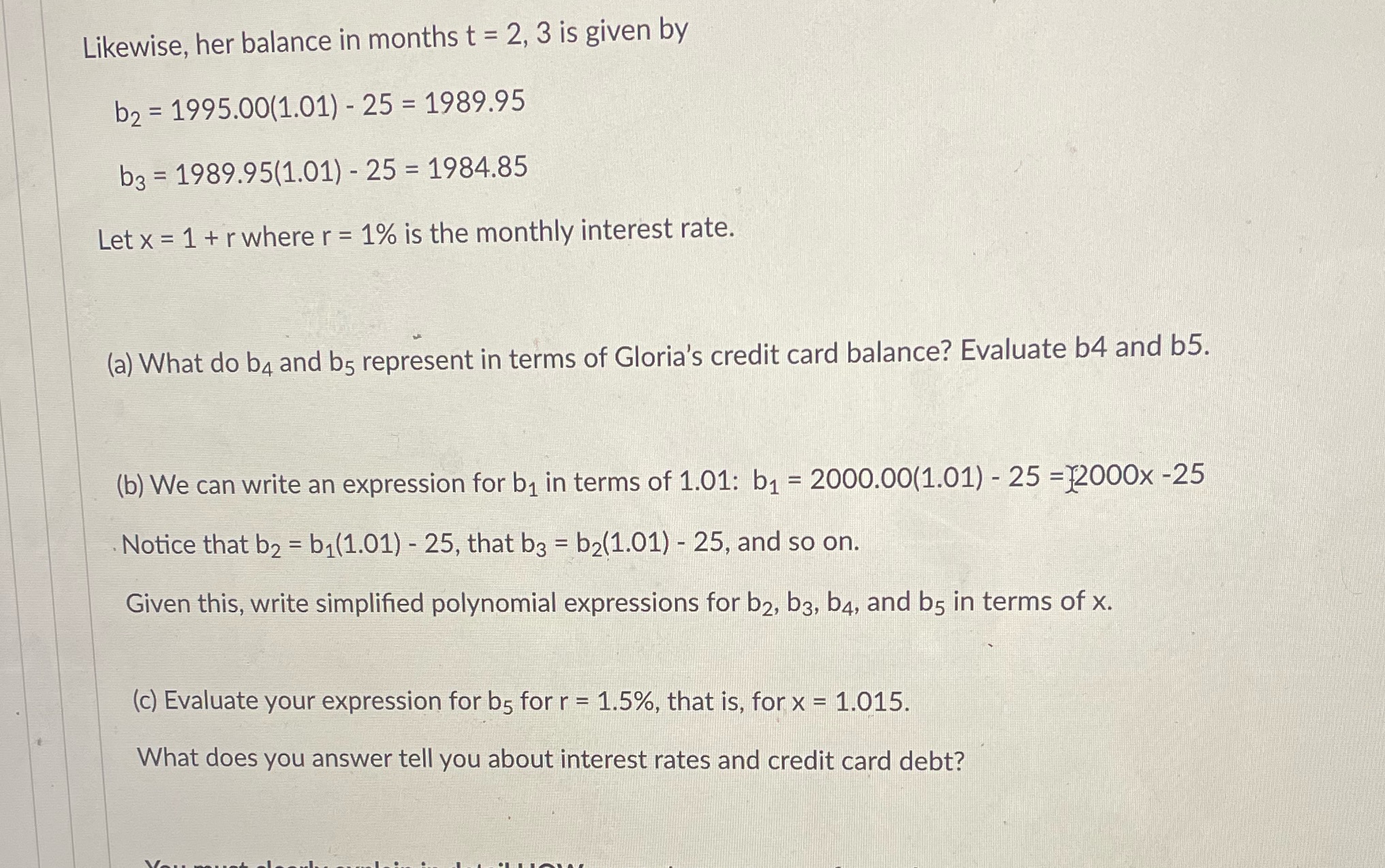 Likewise, her balance in months t = 2, 3 is given