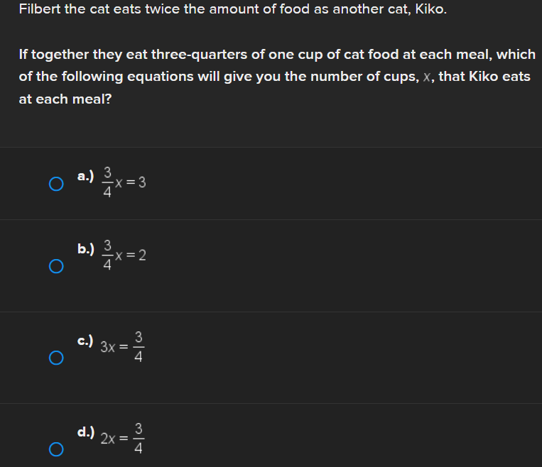 Filbert the cat eats twice the amount of food as