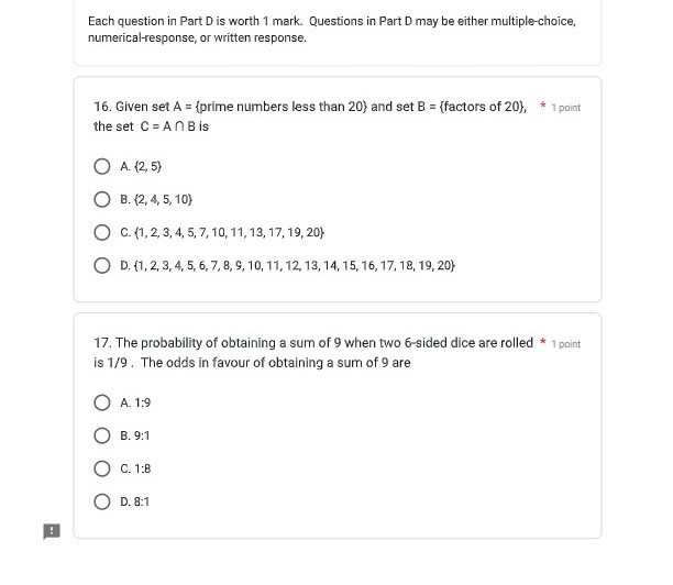 Each question in Part D is worth 1 mark.