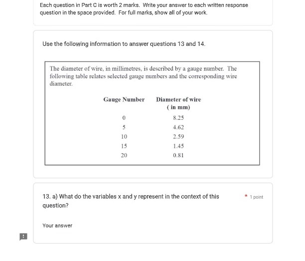 Each question in Part D is worth 1 mark.