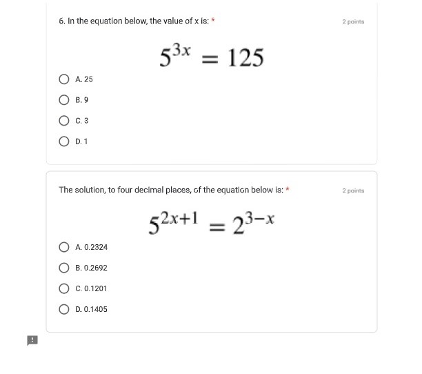 Each question in Part D is worth 1 mark.