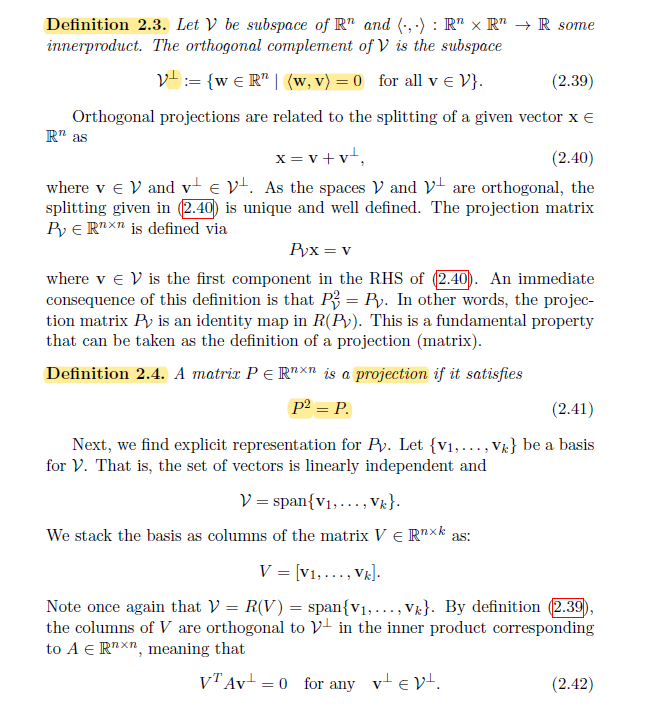 Definition 2.3. Let V be subspace of R" and (, .)