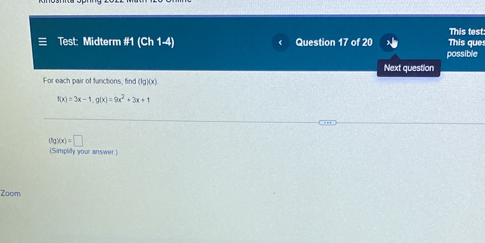 This test Test: Midterm #1 (Ch 1-4) < Question 17