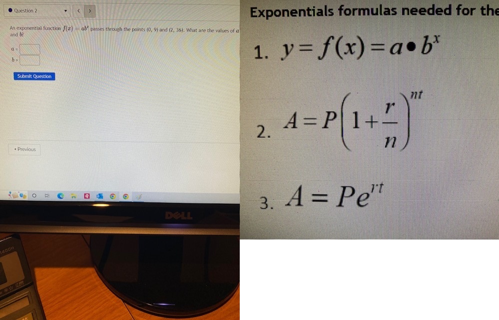 Question 2 Exponentials formulas needed for the