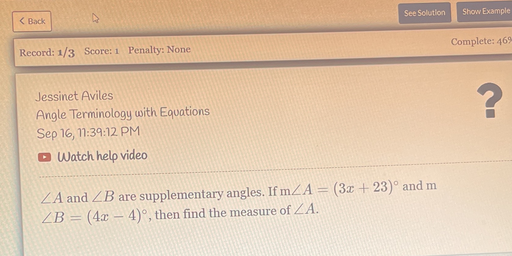 whats the answer < Back See Solution Show Example