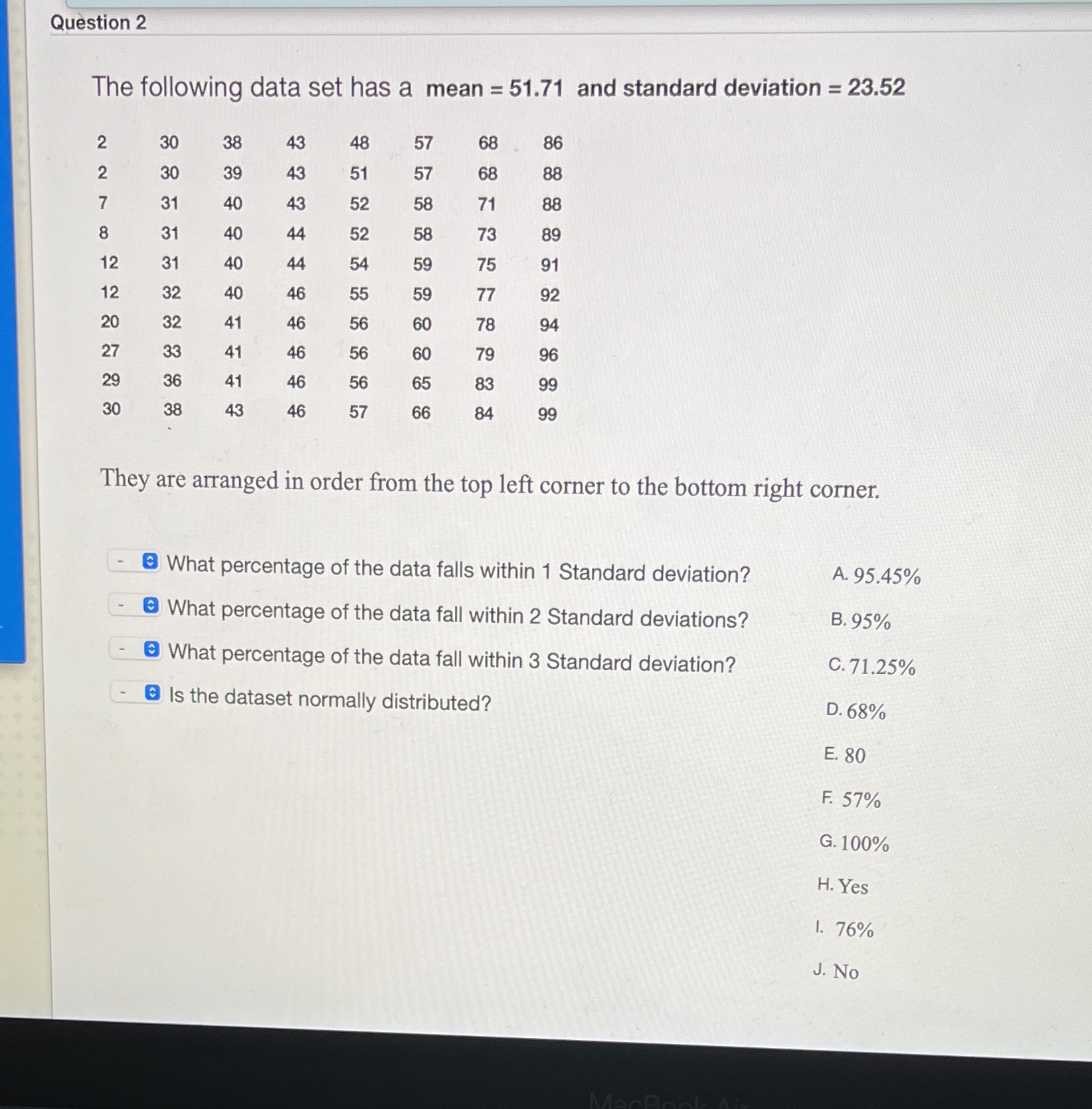 Question 2 The following data set has a mean =