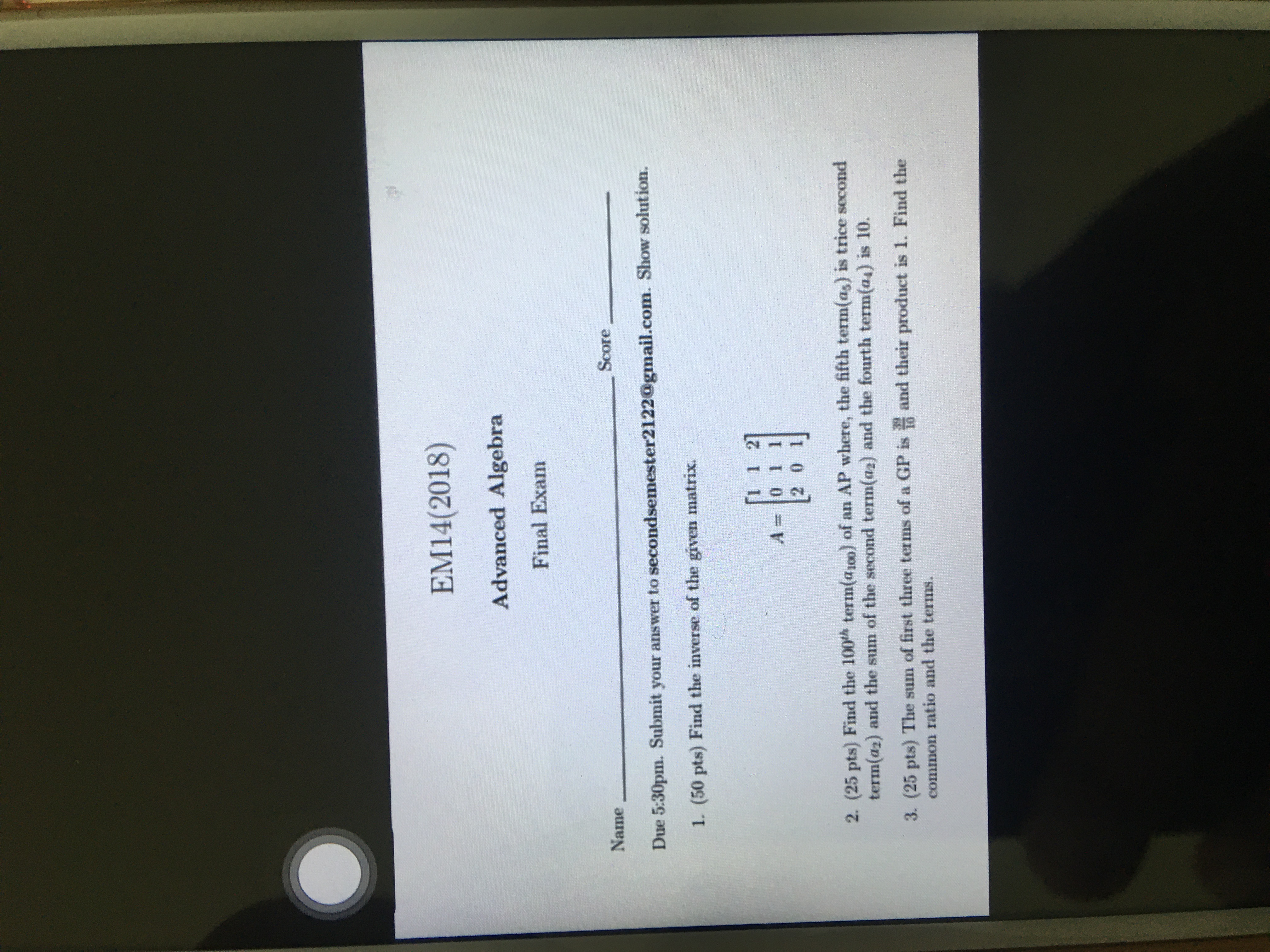 O EM14(2018) Advanced Algebra Final Exam Name