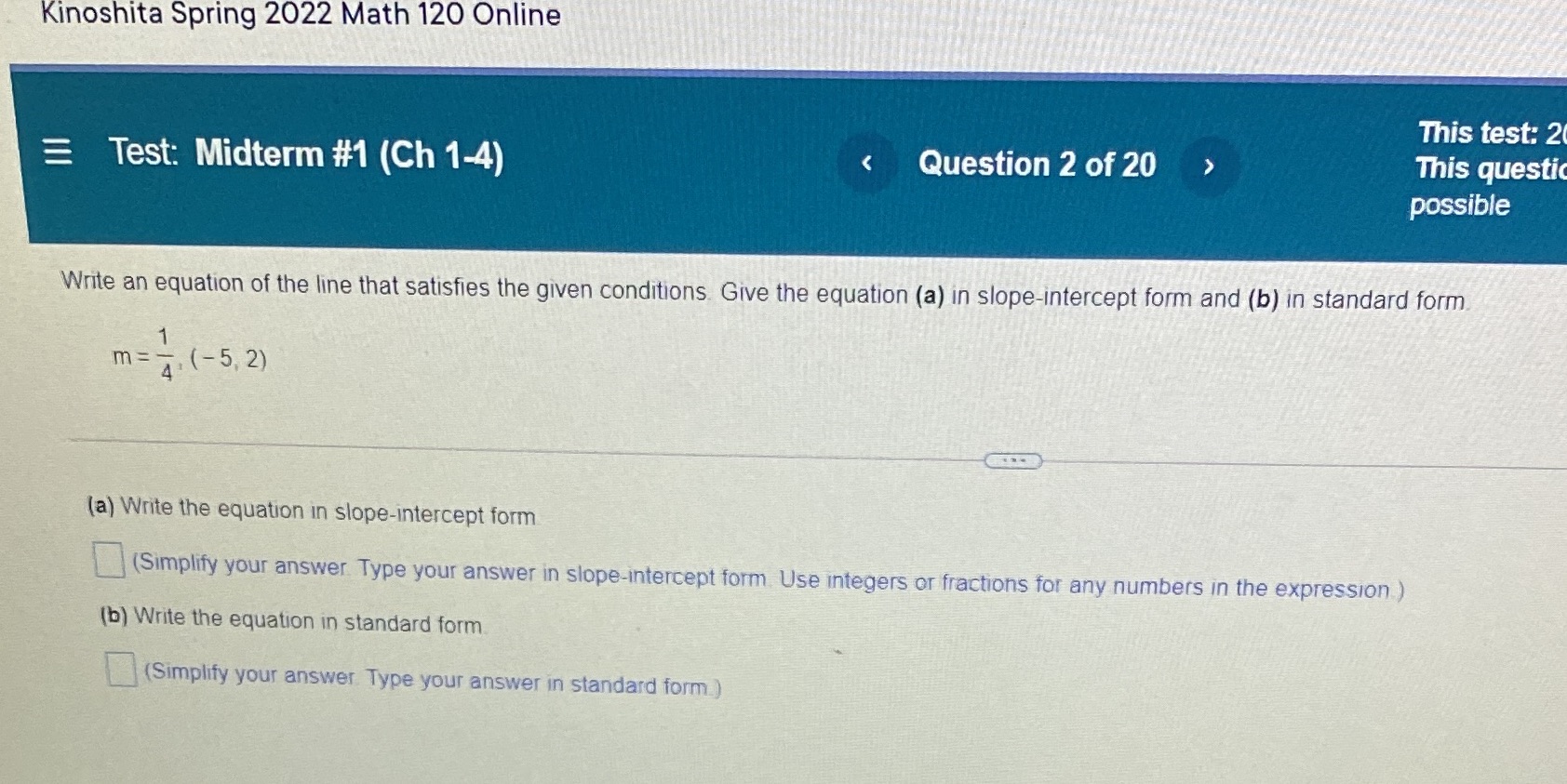 Kinoshita Spring 2022 Math 120 Online This test:
