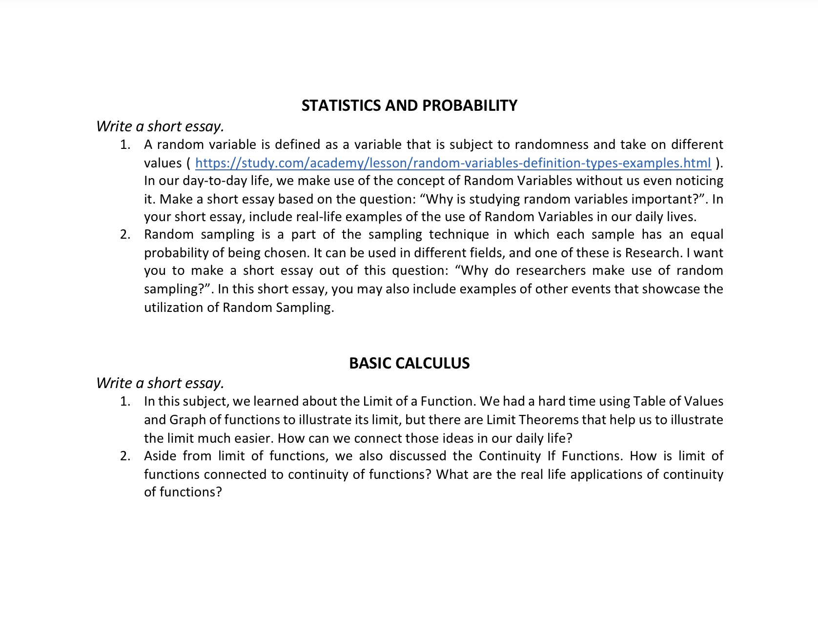 STATISTICS AND PROBABILITY Write a short essay.