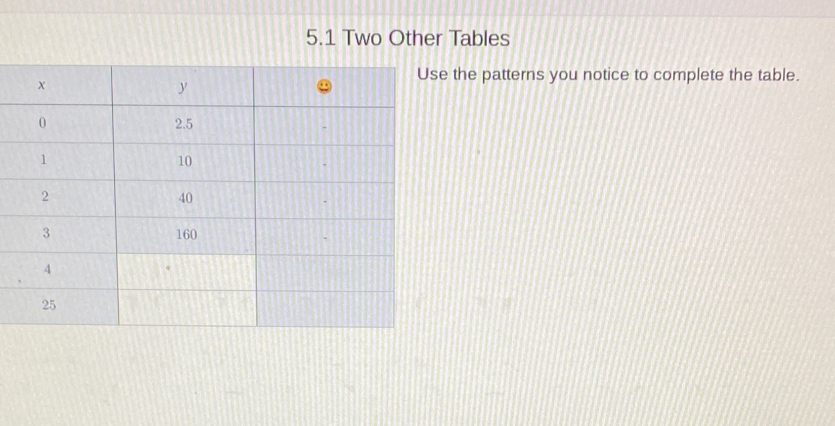 5.1 Two Other Tables Use the patterns you notice