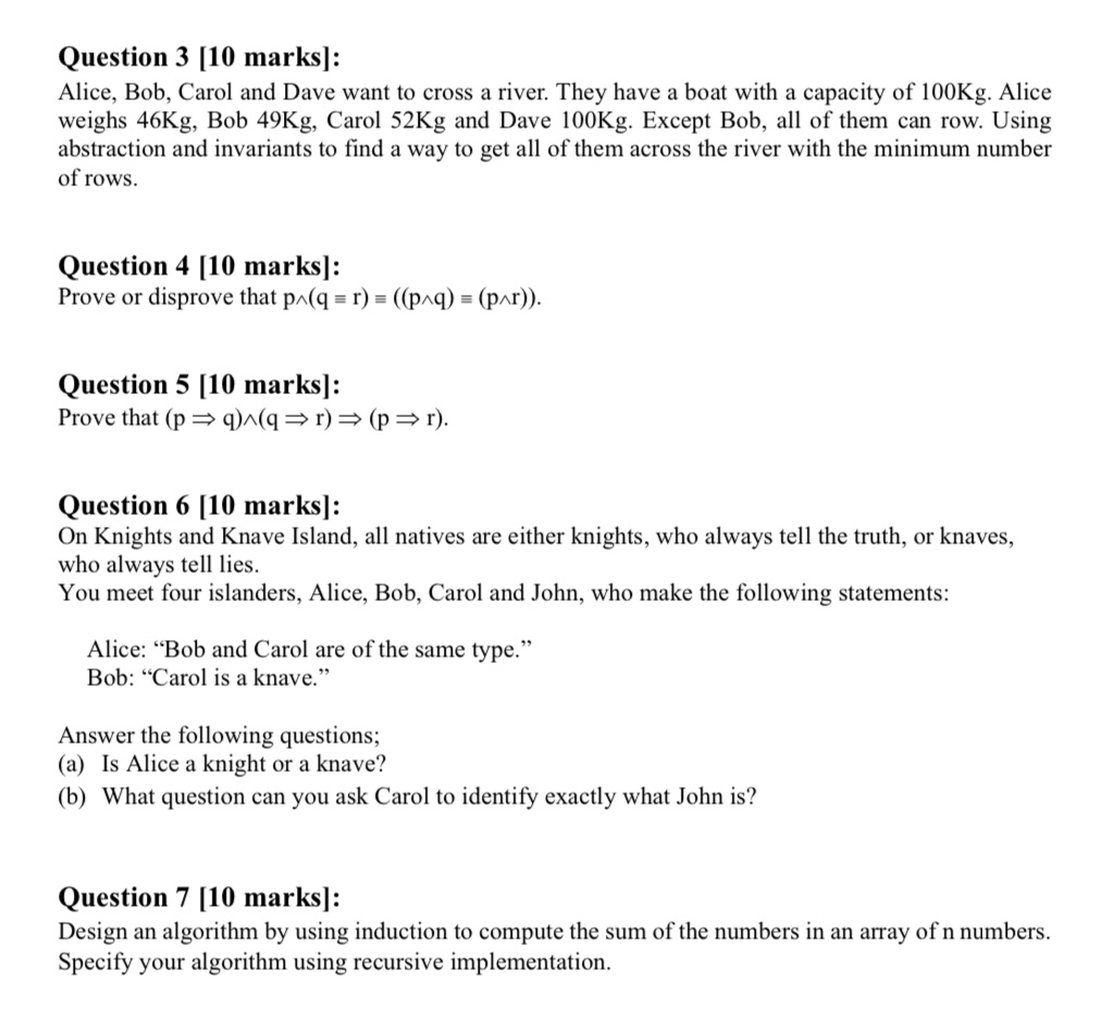 Question 3 [10 marks]: Alice, Bob, Carol and Dave
