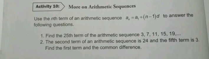 Activity 10: More on Arithmetic Sequences Use the