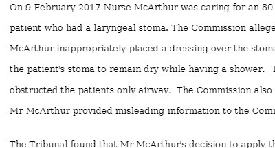 On 9 February 2017 Nurse McArthur was caring for