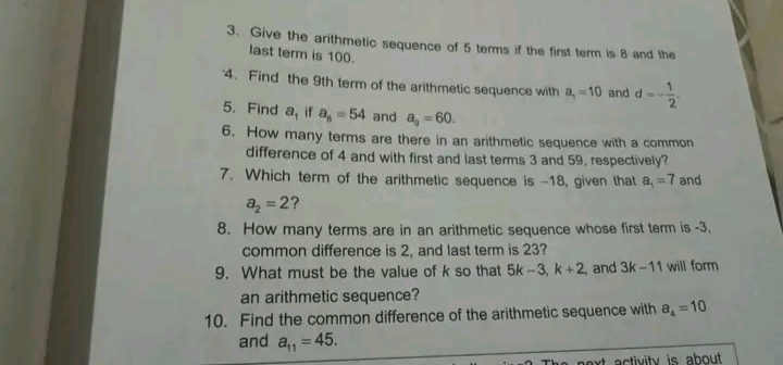 Activity 10: More on Arithmetic Sequences Use the