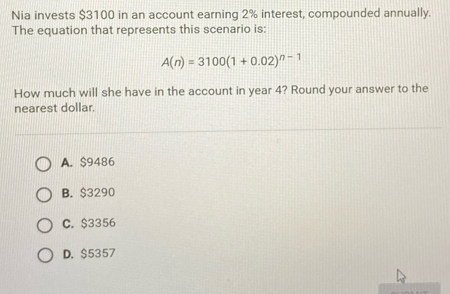 Nia invests $3100 in an account earning 2%