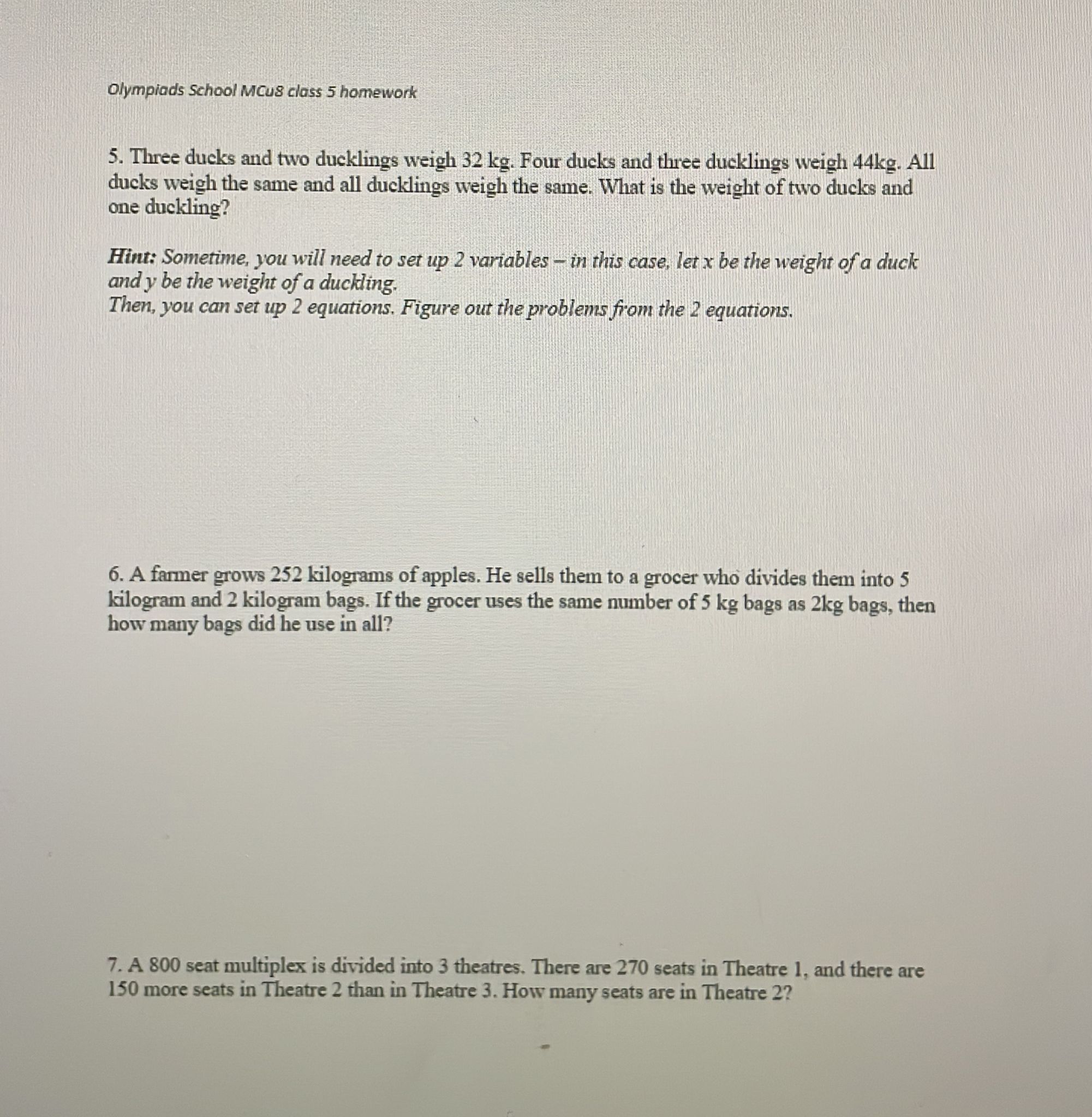 Olympiads School MCUS class 5 homework 5. Three